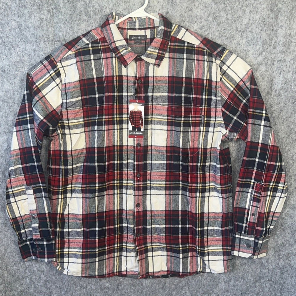 Eddie Bauer Men's Bristol Flannel Shirt XL Red‎ White Navy Plaid Long Sleeve NWT